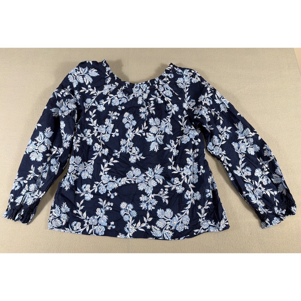 Whimsical J.Crew Re-Imagined Navy Blue Floral Cotton Peasant Blouse Women Medium